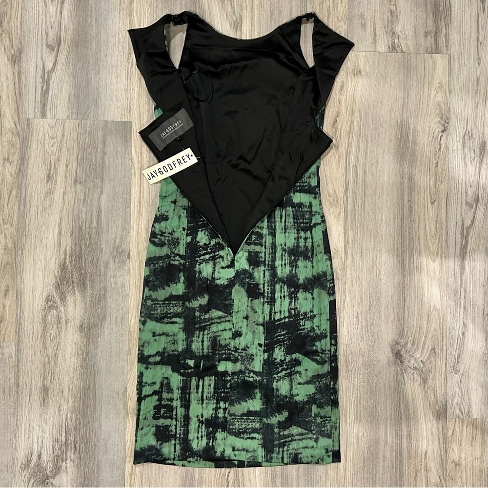 NWT Jay Godfrey Green Black Abstract Sleeveless Stretch Knee Length Dress Size 4 - Picture 6 of 7